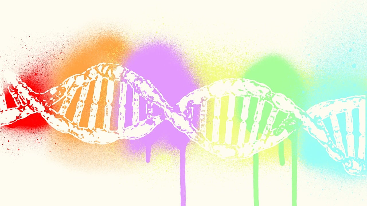 Artistic portrayal of DNA White illustration of the DNA double helix against a colourful background