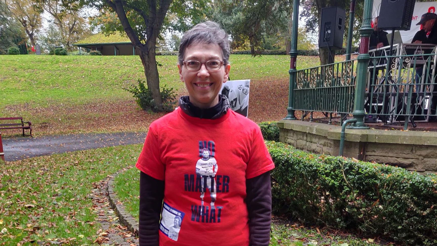 Jennifer Hollington at the Terry Fox Run in Wrexham, wearing a Terry Fox t-shirt