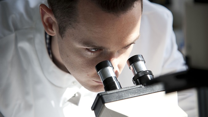 Scientist looking down microscope