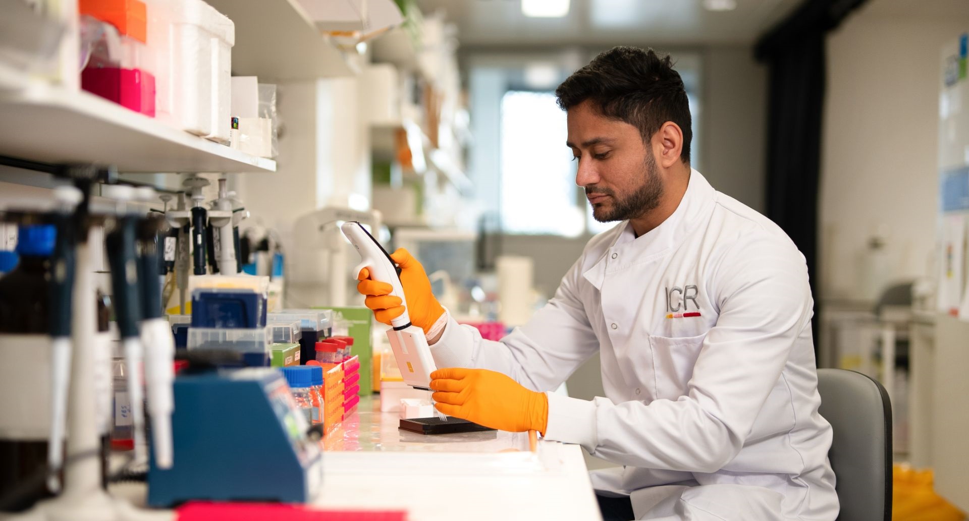 Scientist using multichannel pipette