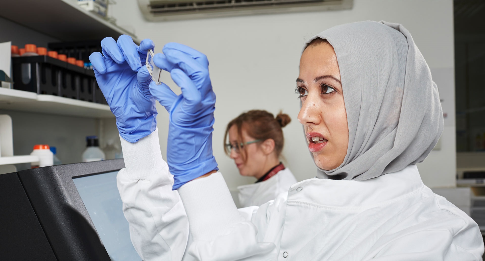 Researcher holding up and examining sample