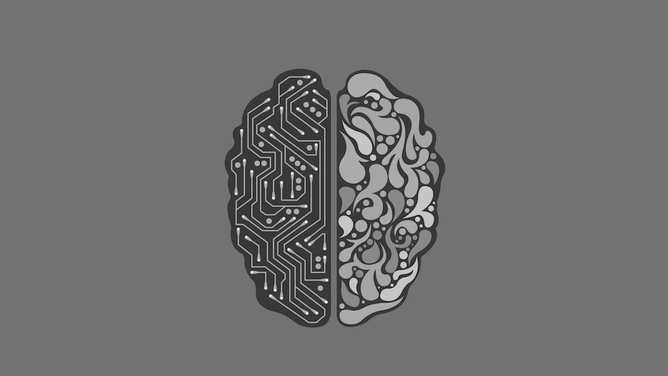 Artificial intelligence graphic - 945x532 Artificial intelligence graphic - shows plan view of brain with one hemisphere representing computer circuitry