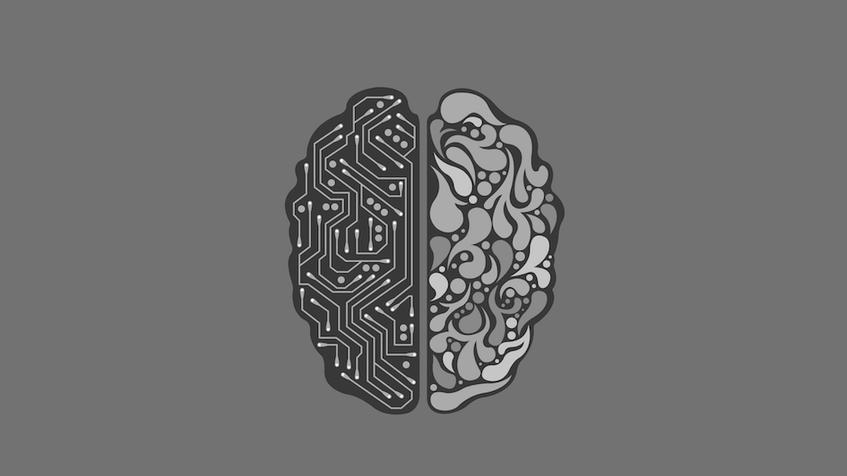 Artificial intelligence graphic - shows plan view of brain with one hemisphere representing computer circuitry