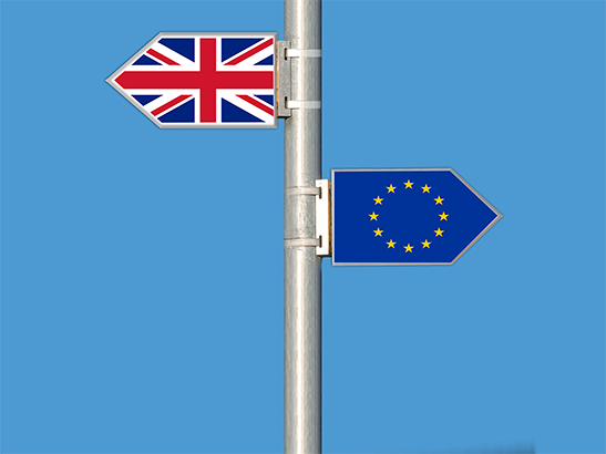 British and EU flags on signpost