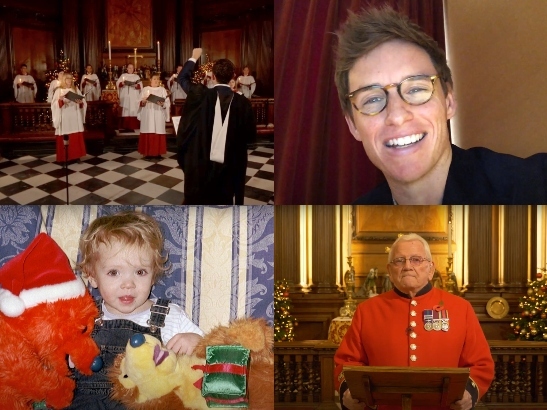 Screenshots from virtual Carols from Chelsea service: Royal Hospital Chelsea choir, actor Eddie Redmayne, cancer patient Abbie Shaw and In-Pensioner Dewi Treharne