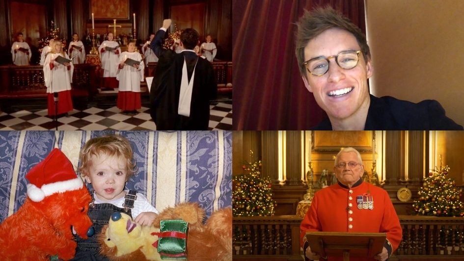 Screenshots of virtual Carols from Chelsea video - Royal Hospital Chelsea choir, actor Eddie Redmayne, cancer patient Abbie Shaw and In-Pensioner Dewi Treharne