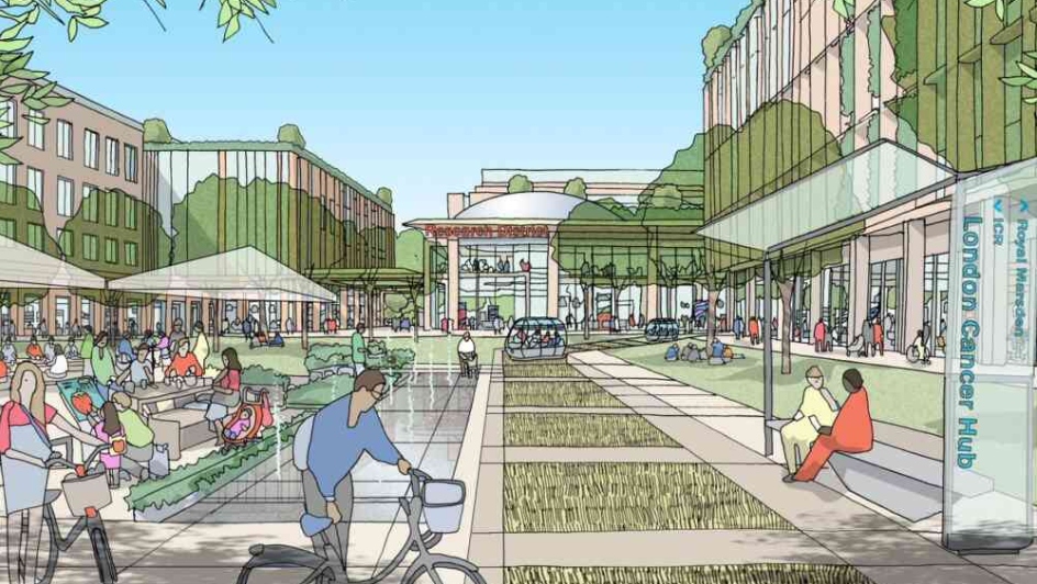 An artist's impression of the future of The London Cancer Hub: sketched figures sitting, walking or cycling through an architectural drawing of mixed buildings and green space