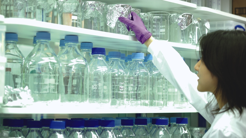 Person reaching for a glass beaker on a shelf filled with glass bottles and beakers