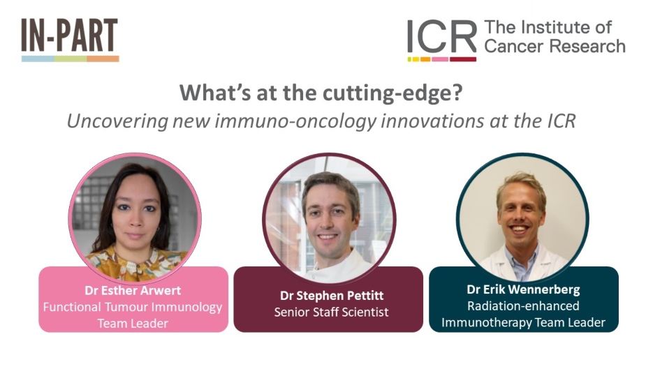 A graphic with logos for IN-PART and the ICR, the text "What's at the cutting edge? Uncovering new immuno-oncology innovations at the ICR", and images of scientists Dr Esther Artwert, Dr Stephen Pettitt, and Dr Erik Wennerberg