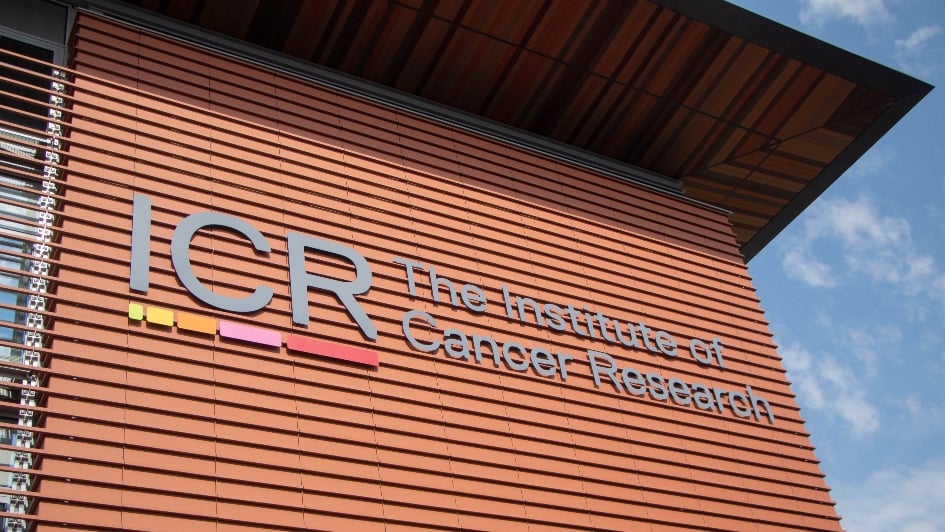 Close up of the ICR logo on the a research building