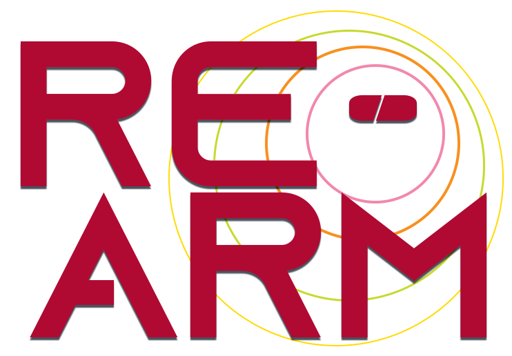 RE-ARM in red bolded text in front of a multi coloured concentric circle design