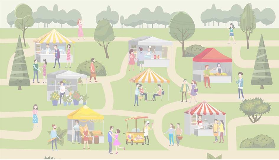 Illustration of a festival with small colourful stalls and people walking around