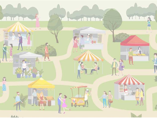 Illustration of a festival with small colourful stalls and people walking around