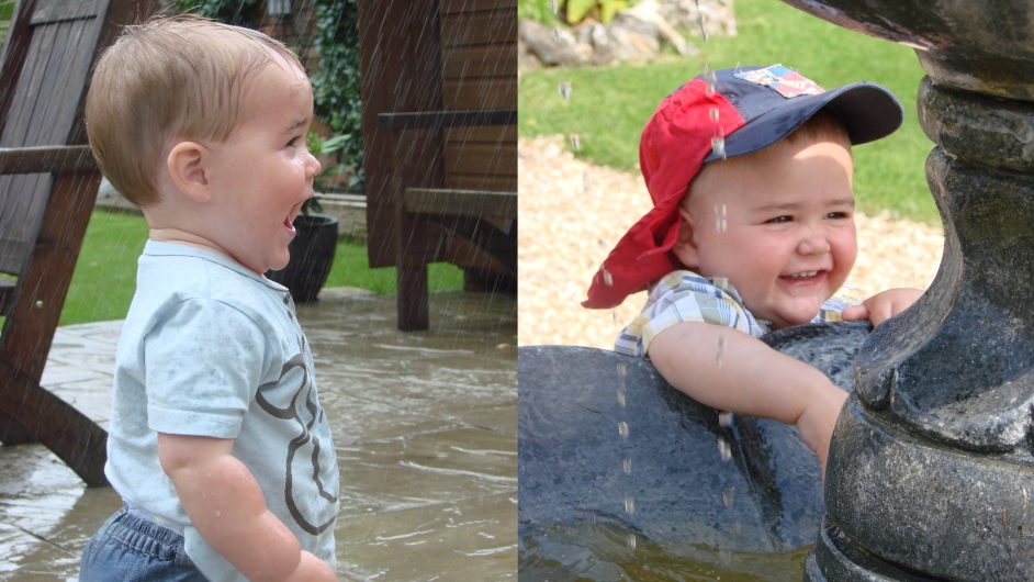 Two photos of Ollie. On the left, Ollie being sprayed with a hose. On the right, Ollie playing with a water fountain