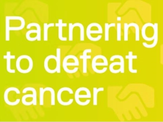 A banner image with handshake motif and the words 'Partnering to Defeat Cancer'