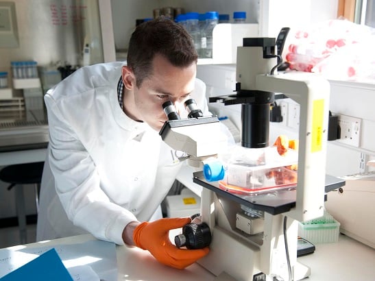 Scientist looking down a microscope