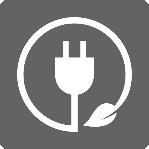 Grey icon of a plug surrounded by a leaf