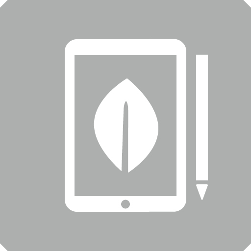 Grey icon depicting a tablet with a leaf