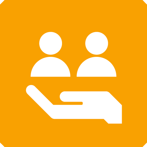 Orange icon depicting a hand holding up people