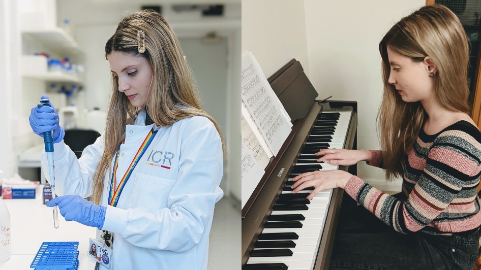 Collage of Dr Vivian Dimou in the lab and at home playing the piano