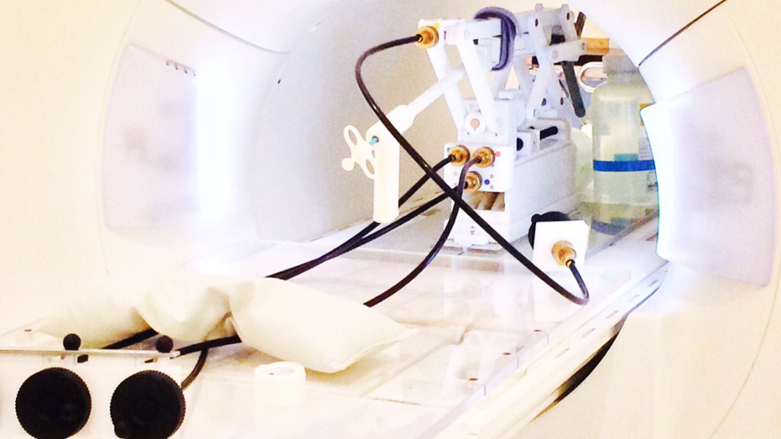 3D-printed prostate biopsy robot prototype undergoing pre-clinical testing in an MRI scanner at RMH